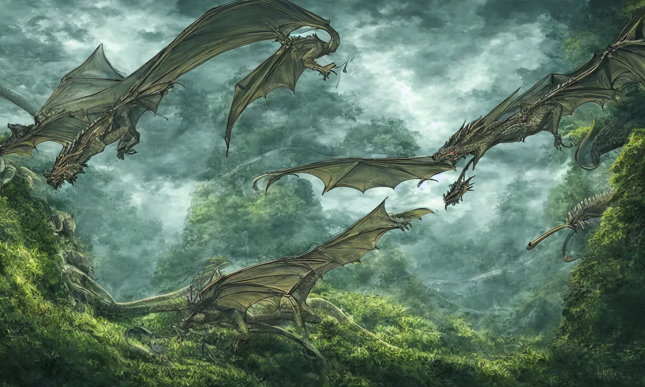 Image similar to dragons, forested hills and interconnected high speed rails, digital art, 3 d, illustration