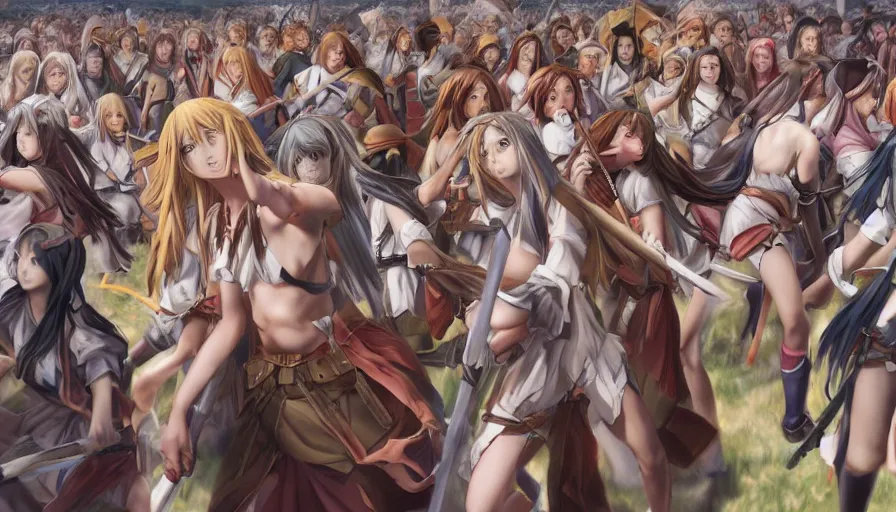 Image similar to jesus christ our lord leading an army of anime girls into battle, photorealistic, anime, mini skirt, long hair, renaissance painting, hyper real, detailed, wide angle shot, ultra detailed