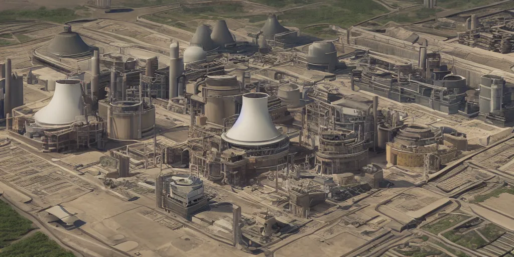 Prompt: aerial view of a stylized combined cycle powerplant, masterpiece, blizzard pixar maya engine global illumination lighting artstation in the style of frank lloyd wright
