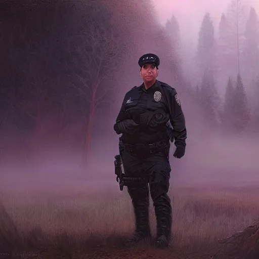 Image similar to kim kardashian as a cop, police uniform, full body view, full pov, haunted forest with ufo sitting in the distant fog, pretty, aesthetic, dust molecules, matte detailed photo, DeviantArt, Artstation, by donato giancola, ralph horley, loish, cinematic lighting