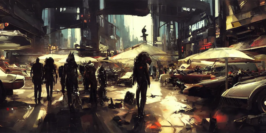 Image similar to busy sci - fi flea market by phil hale, artstation contest winner. cyberpunk, dark and moody. 7 0 fov