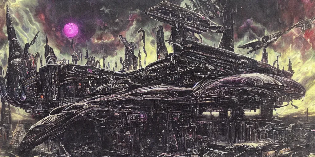 Image similar to an eldritch brutalist gothic airbrush painting of a voidpunk starship ready for battle, illustrated by hg wells, warhammer 4 0 k, lisa frank, josh kirby imperium of man juggernaut, sci - fi and cyberpunk, clean linework, obsidian hull, technological, artificial bejeweled and gilded