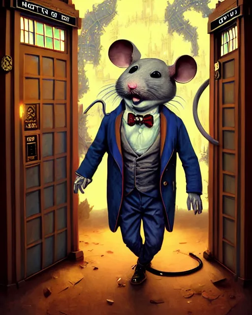 Image similar to anthropomorphic art of a detective mouse inside tardis, victorian inspired clothing by artgerm, victo ngai, ryohei hase, artstation. fractal papersand books. highly detailed digital painting, smooth, global illumination, fantasy art by greg rutkowsky, karl spitzweg, doctor who