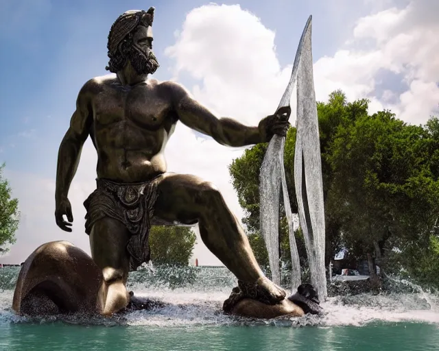 Prompt: a giant abstract sculpture of a legendary greek warrior god on the water, in the style of jeff koons, award winning, cinematic, hyper - realistic, very detailed, realistic water splashes, ray tracing, 8 k resolution, long - shot, sharp focus, low angle, 8 5 mm photograph, wide lens