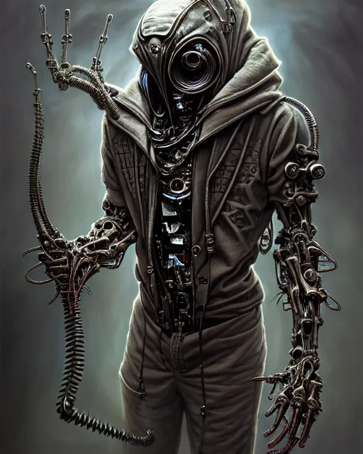 Image similar to front shot of a cyberpunk hooded dead biomechanical demon in gasmask mastermind character, intricate, elegant, highly detailed, centered, (((artstation, concept art, smooth, sharp focus, artgerm, Tomasz Alen Kopera, Peter Mohrbacher, donato giancola, Joseph Christian Leyendecker, WLOP, Boris Vallejo))), mugshot!!!!!, ugly!!!!!!, octane render, nvidia raytracing demo, grainy, muted