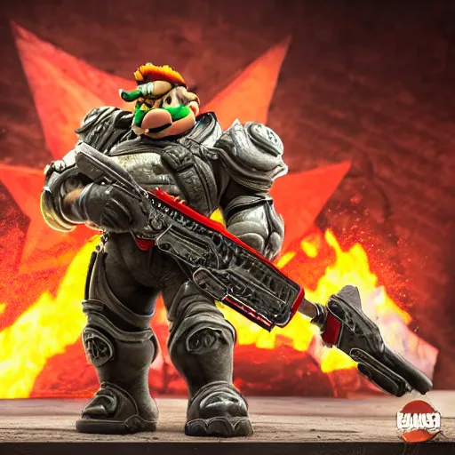 Prompt: Bowser!!!! from the Super ((((Mario)))) videogame series as the main character in Gears of War, highly detailed, high quality, HD, 4k, 8k, Canon 300mm, professional photographer, 40mp, lifelike, top-rated, award winning, realistic, sharp, no blur, edited, corrected, trending