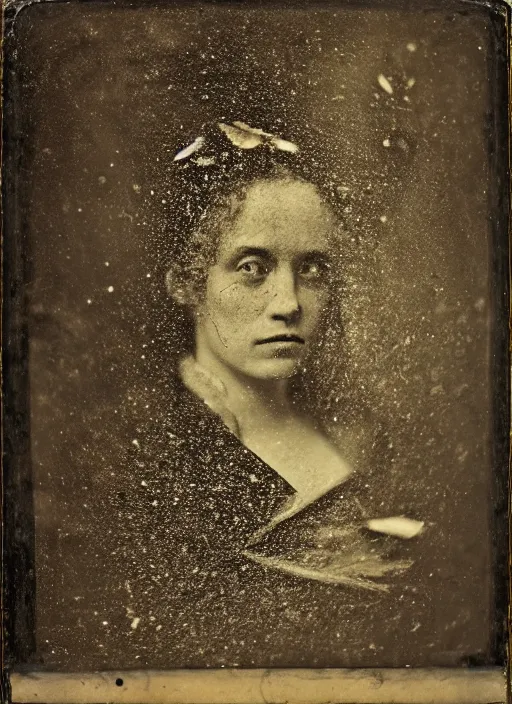 Image similar to old wetplate daguerreotype portrait with crackle skin, explosion of data fragments, fractal, intricate, elegant, highly detailed, parallax, leica, medium format, subsurface scattering, by jheronimus bosch and greg rutkowski and louis jacques mande daguerre