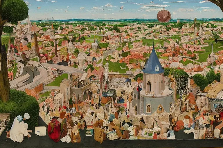 Image similar to an elaborate and dense painting of a peaceful neighborhood, detailed, made of alcohol ink on parchment and penned illustrations, by wes anderson!!!!!!!! and ( ( ( ( ( ( ( ( ( ( hieronymus bosch ) ) ) ) ) ) ) ) ) ) and geoff darrow!!!!!!!!