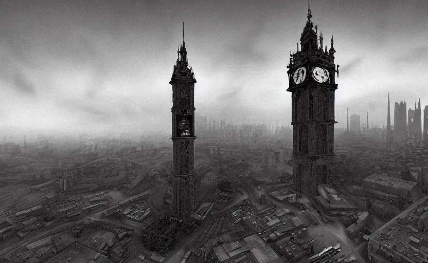 Image similar to an asymetric clocktower, looming above an early 1900s industrial english cityscape at dusk, by tim burton, by zdzislaw beksinski, by igor morski, by laurie lipton, photorealistic, realistic shadows, Burtonesque, German expressionism, 3d, rendered in octane, rendered in lumion, matte painting