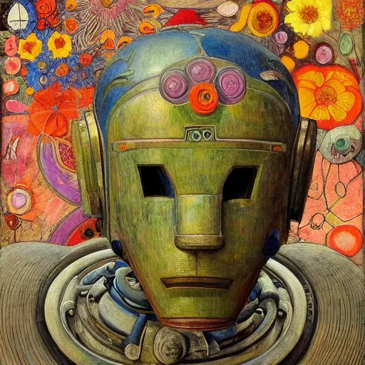 Image similar to painting of an android robot wearing a mask made of flowers, by annie swynnerton and diego rivera and ( ( tino rodriguez ) ), symbolist, dramatic lighting, elaborate geometric ornament, art brut, soft cool colors, smooth, sharp focus, extremely detailed, adolf wolfli