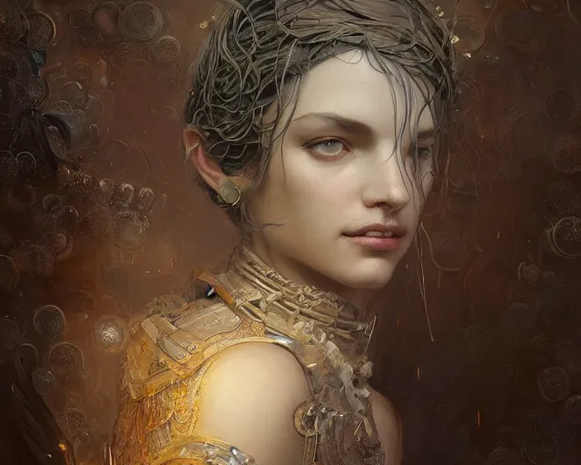 Image similar to medium shot, symmetrical face, face enhancement, by jaime jones, tom bagshaw, lawrence alma - tadema, greg rutkowski, deviantart contest winner, fantasy art, intricate, elegant, highly detailed, 8 k, digital painting, concept art, sharp focus, illustration, golden ratio, mythological, ultra realistic, cinematic lighting, maximalist