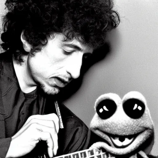 Prompt: bob dylan strangling kermit the frog, photograph