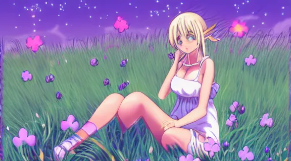 Image similar to Lucy Heartfilia sitting in a field of Ghibli Clover | Big Moon at Night | GLOWING FLOWERS | strong blue rimlit | visual-key | anime illustration | highly detailed | in the style of Anmi