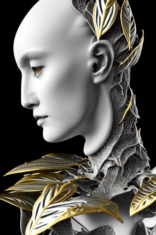 Image similar to monochrome close - up profile face, black background, beautiful young porcelain bio - mechanical vegetal - dragon - cyborg - female, white metallic armour, silver gold details, magnolia leaves and stems, roots, mandelbot fractal, 1 5 0 mm, beautiful natural soft rim light, elegant, hyper real, ultra detailed, octane render, 1 6 k