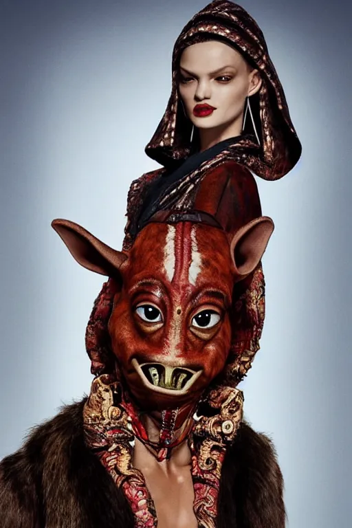 Image similar to dolce & gabbana campaign featuring jar jar binks as a female cowgirl, long eyeslashes, huge juicy lips, big seductive eyes, realistic colors, no filter, realistic vfx simulation
