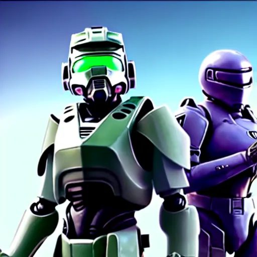 Image similar to Master Chief and Robocop sharing a pizza, a screenshot from Fortnite