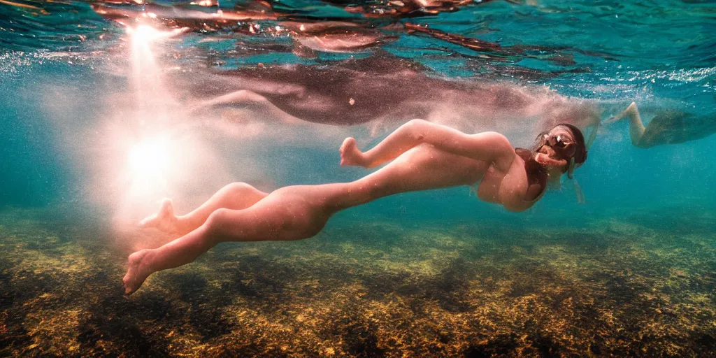 Prompt: woman swimming and breaking the surface of the water, underwater photography with light scattering and water refractions, smooth