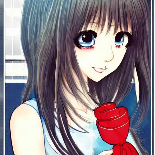 Image similar to Cute girl, by Adachi Mitsuru, touch style, H2 style, colored Japanese comic poster, rich details