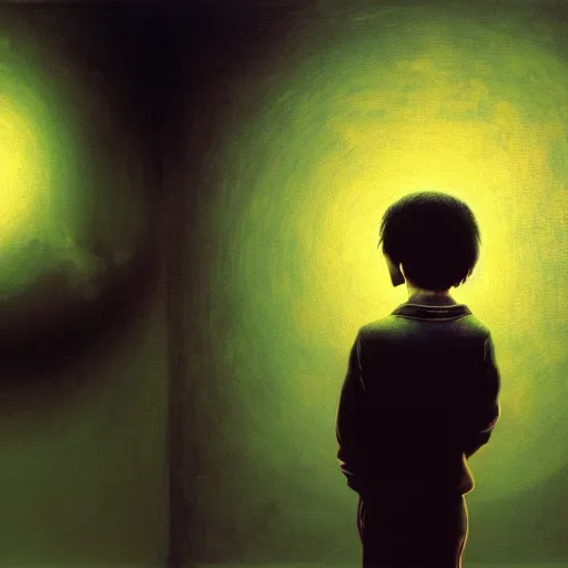 Image similar to 8k professional photo of an 8 years old enlightened and scared boy standing in front of an old computer from 90s with a game doom2 at the monitor screen in a vr vaporvawe space, Beksinski impasto painting, part by Adrian Ghenie and Gerhard Richter. art by Takato Yamamoto, masterpiece. still from a movie by Gaspar Noe and James Cameron