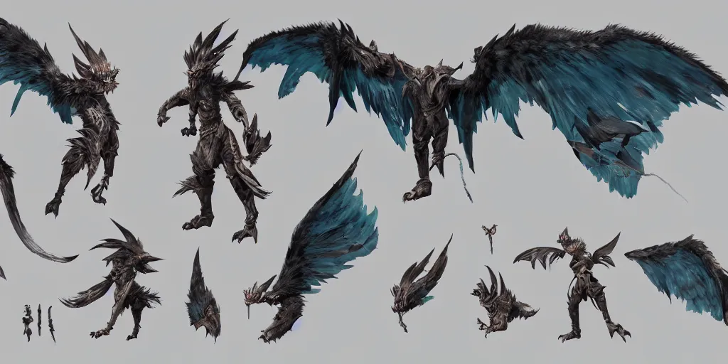 Image similar to Azure feathered winged wolf character design sheet, Monster Hunter Illustrations art book, big claws, huge wings, long tail, Moebius, Greg Rutkowski, Zabrocki, Karlkka, Jayison Devadas, Phuoc Quan, trending on Artstation, 8K, ultra wide angle, zenith view, pincushion lens effect.