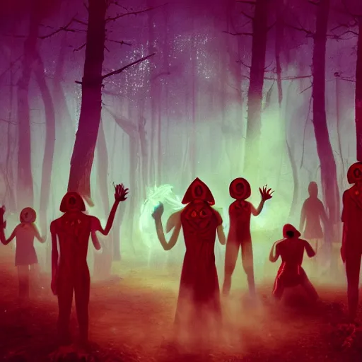 Image similar to a cult of aliens with glowing red eyes performing a séance in a haunted forest