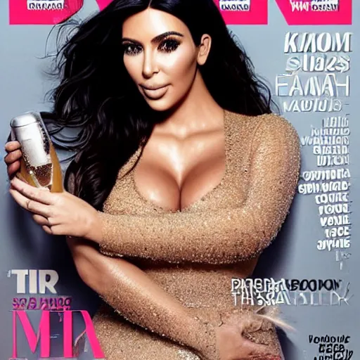 Image similar to kim kardashian posing for her magazine cover with champagne flying out of the open bottle in her hand landing in her shelf behind her stunning award winning photography