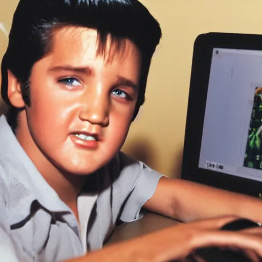 Prompt: Elvis Presley playing minecraft on his laptop, 30mm lens,