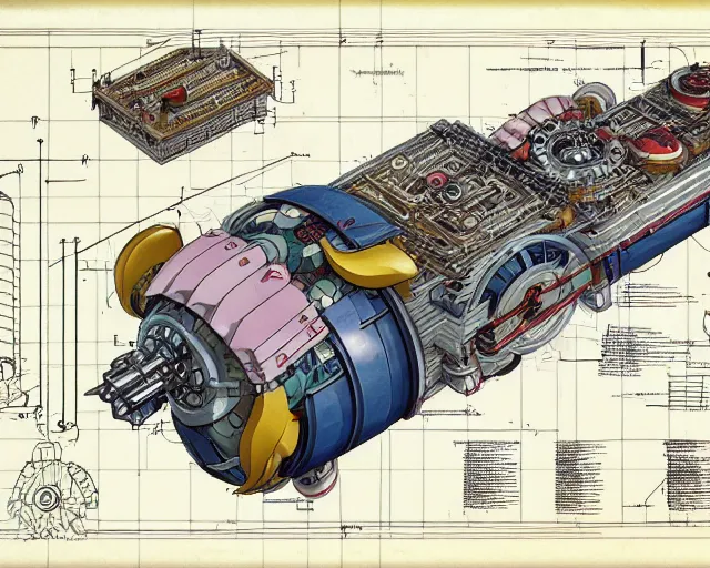 Image similar to a full page of a mechanical blueprint showing a cutaway design for a mechanized pikachu from howl's moving castle ( 2 0 0 4 ), with a big head, muted colors, post grunge, studio ghibli, hq,