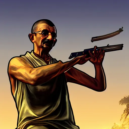 Image similar to Gandhi carrying a weapon in GTA V, cover art by Stephen Bliss, artstation