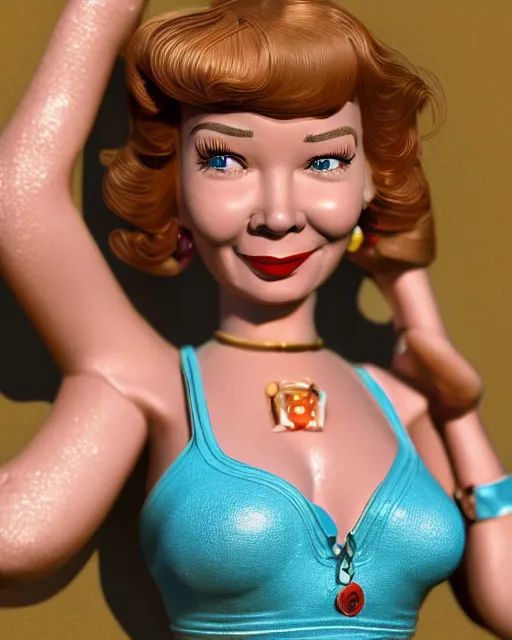 Image similar to highly detailed closeup, face profile portrait of a tin toy retro 1 9 5 0 s shirley maclaine, bikini, depth of field, fashion photoshoot by max fleischer, breathtaking, detailed and intricate environment, 8 k resolution, hyperrealistic, octane render