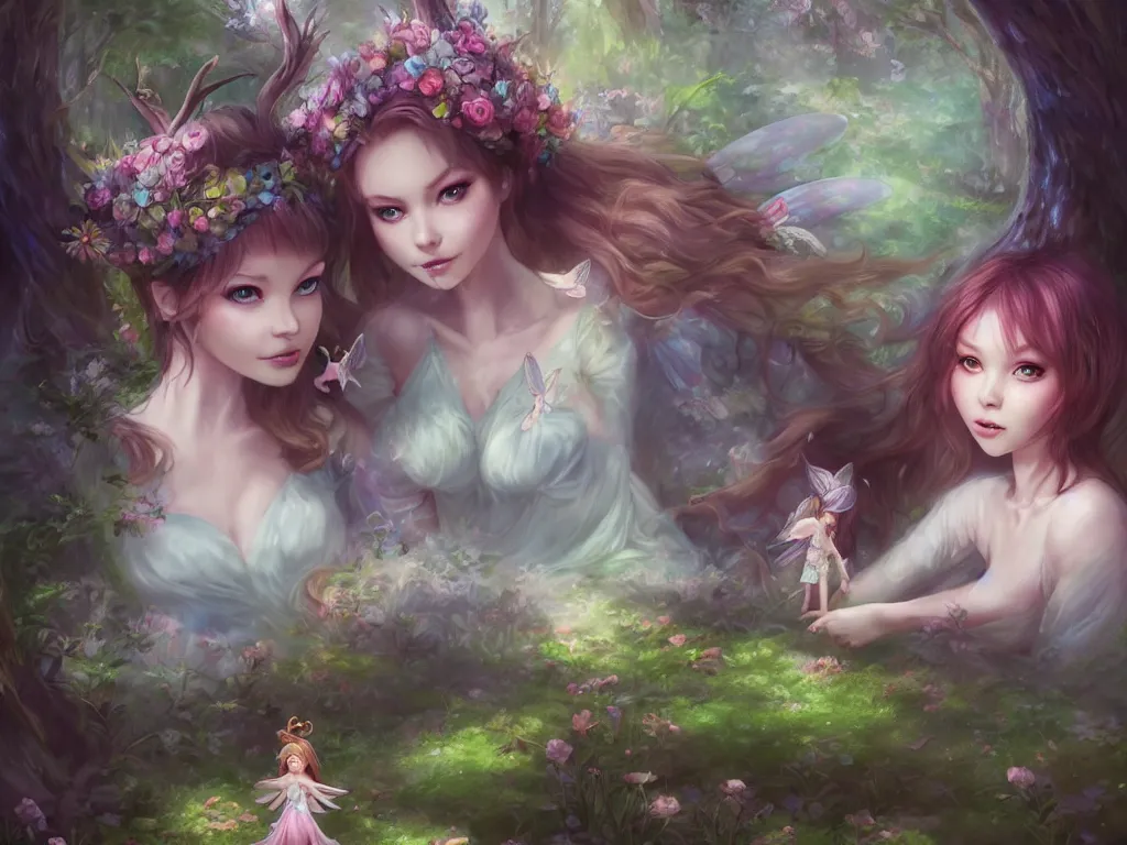 Image similar to two cute fairy in the dreamy forest, fantasy, dreamlike, 8 k resolution, hyper detailed, d & d, character design, digital painting, trending on artstation, sharp focus, illustration, art by artgerm, viktoria gavrilenko, hoang lap, fuji choko, steve zheng