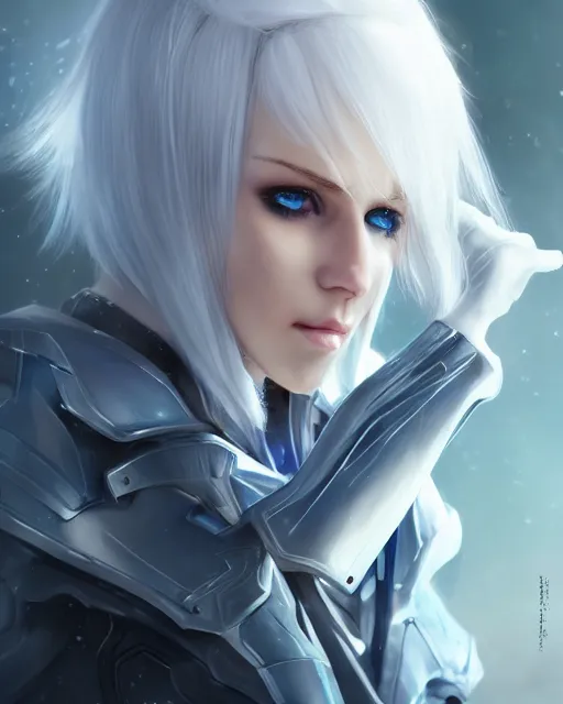 Image similar to perfect white haired girl, warframe armor, beautiful, pretty face, blue eyes, detailed, windy weather, scifi, platform, laboratory, experiment, 4 k, ultra realistic, epic lighting, high detail, masterpiece, by akihito tsukushi, charlie bowater