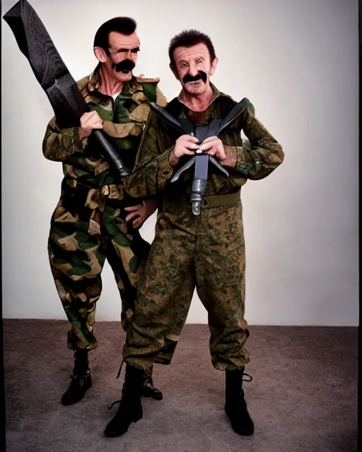 Image similar to full body 8 k photo of paul chuckle standing next to barry chuckle dressed as sas soldiers holding battle - axes, intricate, elegant, highly detailed, cinestill, dramatic lighting, sharp focus,