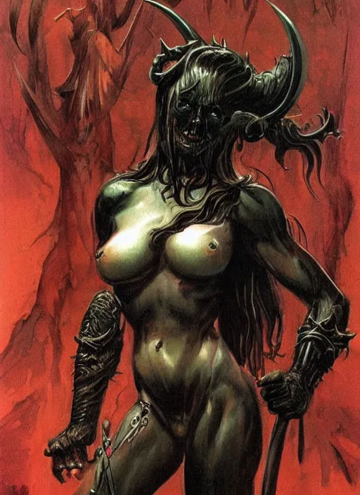 Image similar to portrait of demoness warrior, black iron tiara, strong line, deep color, forest, beautiful! coherent! by boris vallejo, by frank frazetta, minimalism