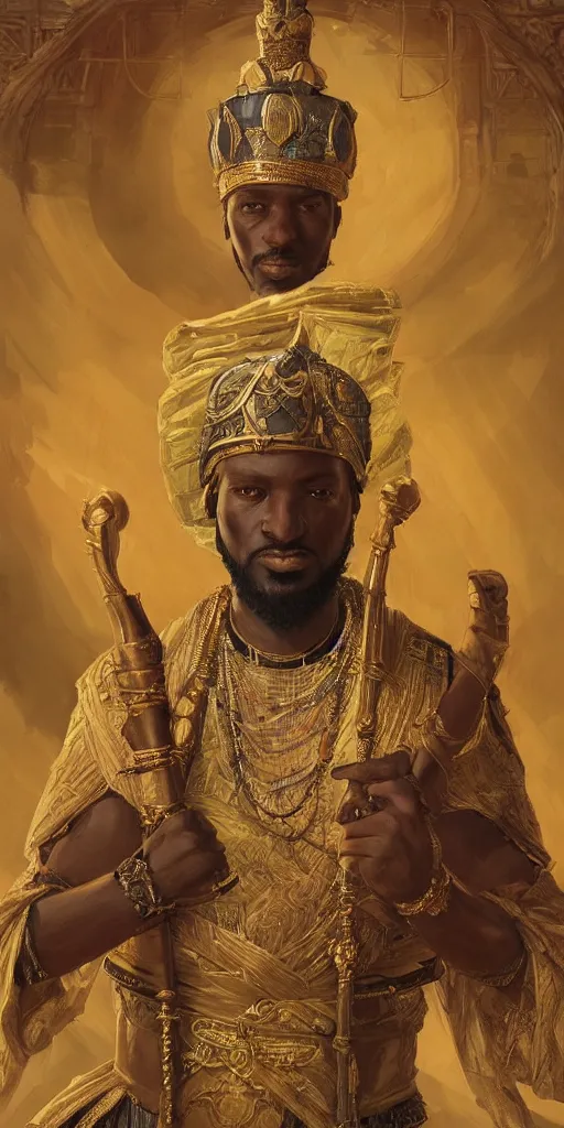 Image similar to a stunning and noble highly detailed romantic period style portrait of Mansa Musa by Josep Tapiró Baró and Greg Rutkowski, trending on artstation, oil painting masterpiece, symmetry, African iconography