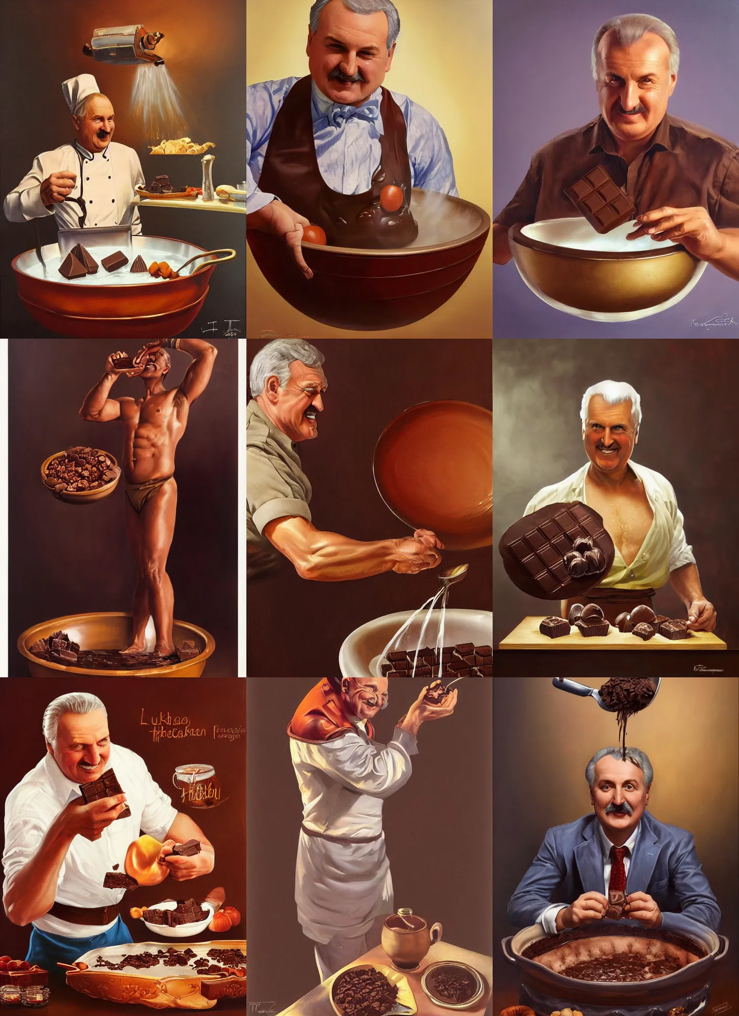 Prompt: lukashenko cooks chocolate, in chocolate bath, portrait by greg hildebrandt, studio lighting, muted colors, by terry richardson, by frank frazetta, extreme detail, reflections, trending on artstation, 8 k