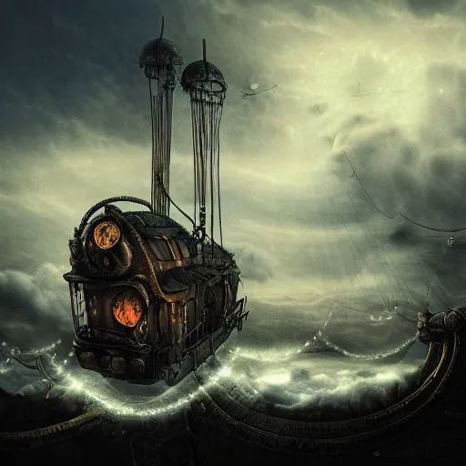 Image similar to a steampunk airship flying over a magical dark landscape, antique, ornate, beautiful clouds, translucent, illuminated from behind, adventurous, matte painting