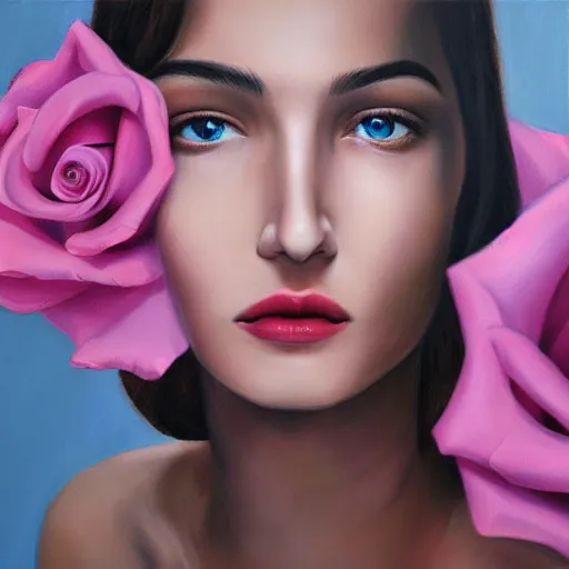 Image similar to hyperrealism matte oil painting, fashion model portrait roses in eyes