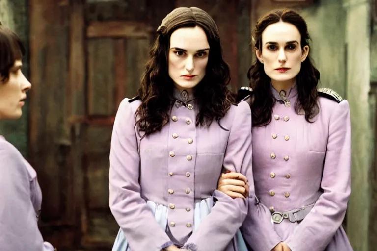 Image similar to wide-shot of kiera knightly/winona ryder as a constable in a movie directed by Wes Anderson, symmetrical shot, idiosyncratic, relentlessly detailed, pastel colour palette, detailed perfect face, movie still frame, promotional image, imax 70mm footage