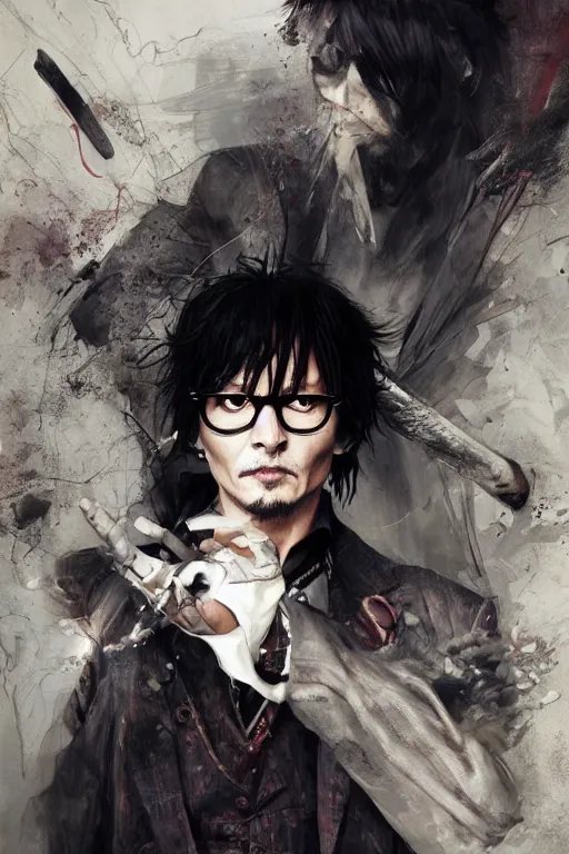 Prompt: johnny depp as uryu ishida quincy from anime bleach, dark, intricate, highly detailed, smooth, artstation, digital illustration by Ruan Jia and Mandy Jurgens and Artgerm and Wayne Barlowe and Greg Rutkowski and Zdislav Beksinski