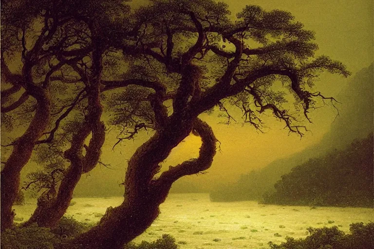 Image similar to oil painting of a old tree next to a raging river by martin johnson heade