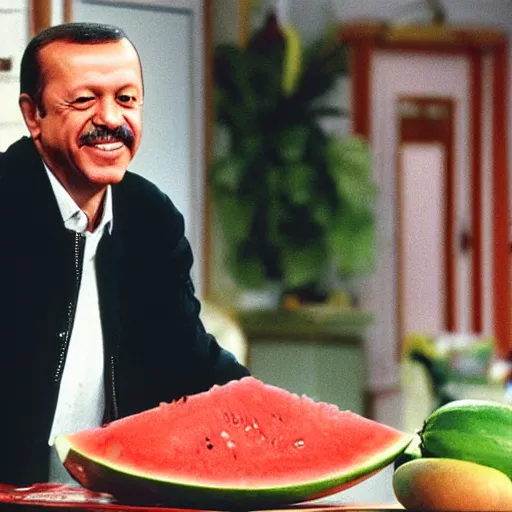 Prompt: recep tayyip erdogan smiling holding watermelon for a 1 9 9 0 s sitcom tv show, studio photograph