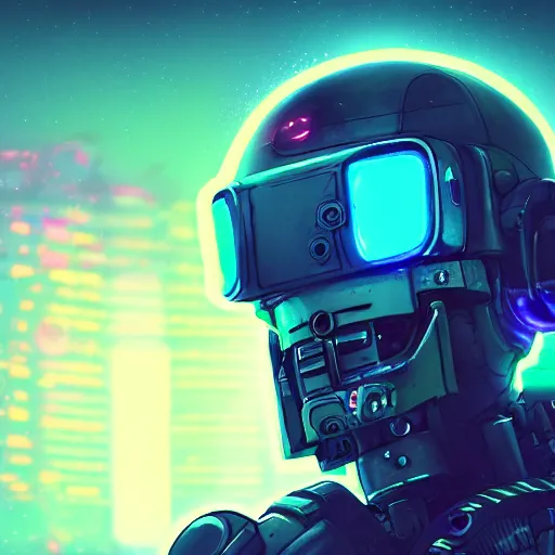 Prompt: cyberpunk concept cool warrior bot, night background, cinema 4 d, galaxy, ufo, space sci - fi, wearing vr goggles, illustration, portrait, pastel neon textured background night, trending on artstation, greg rutkowski, octane rendered, 1 2 k, detailed,