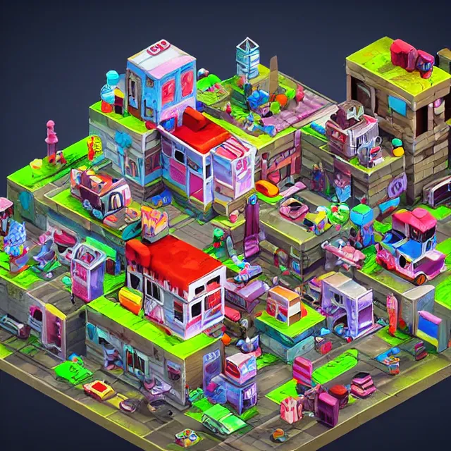 Image similar to isometric candy city, post apocalyptic, abandoned city made of candy and sweets, isometric 3 d game render, unreal engine, dramatic lighting, highly detailed