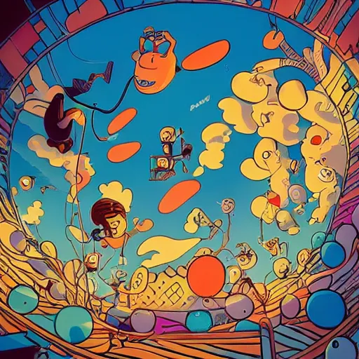 Image similar to colorful pixar, mcbess illustration, a portal to another world, opened in the middle of a swimming pool