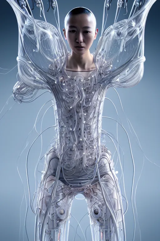 Image similar to young asian woman, iris van herpen, beautiful face, perfect symmetrical body, full body shot, inflateble shapes, wires, tubes, veins, jellyfish, white biomechanical details, wearing epic bionic cyborg implants, masterpiece, intricate, biopunk, vogue, highly detailed, artstation, concept art, cyberpunk, octane render