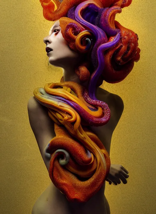 Image similar to subsurface scattering, medusa made of soft wax, cgsociety, translucent, organic squid and ceramic art nouveau swirls, golden orbs, colored smoke, in the style of alberto seveso and ruan jia and beeple and giger, mystical colors, back light, rim light, dramatic lighting, 8 k, stunning scene, raytracing, octane render