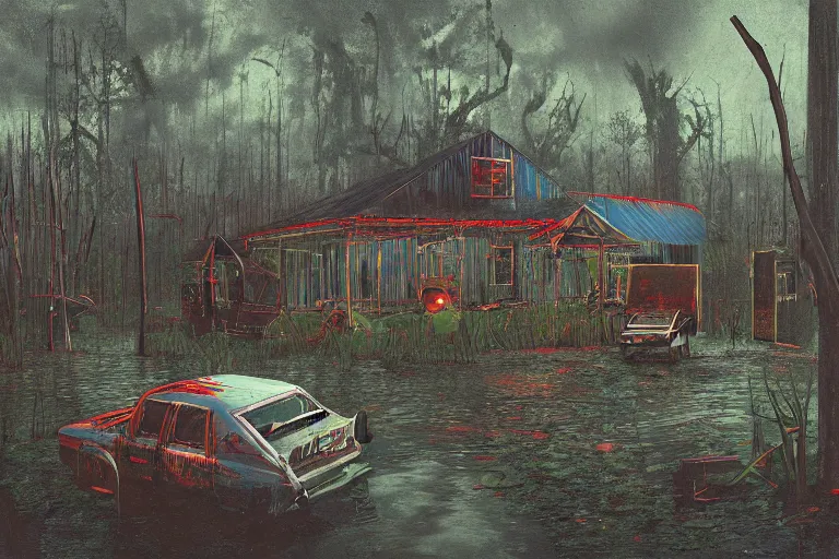 Image similar to scene from louisiana swamps, voodoo cult, old protestant church with neon satanic pentagram, junkyard by the road, boy scout troop, voodoo artwork by tim eitel