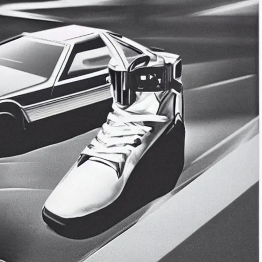 Prompt: an advertisement photo of a shoe design in the style of a DeLorean