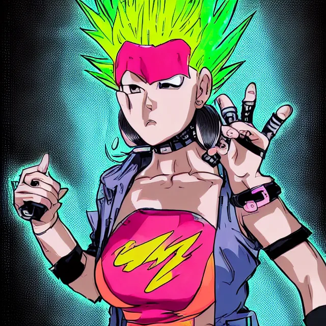 Image similar to a female mutant punk / raver using her mutant electrical powers in the style of akira toriyama in the style of hirohiko araki trending on artstation deviantart pinterest hyper detailed photorealistic highlights and shadow hd 8 k post - processing high resolution in color